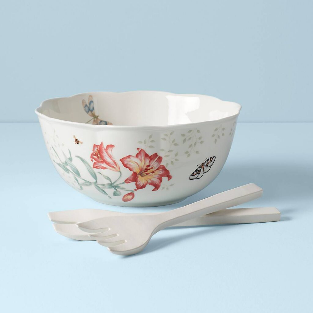 Floral Salad Bowl with Wood Servers