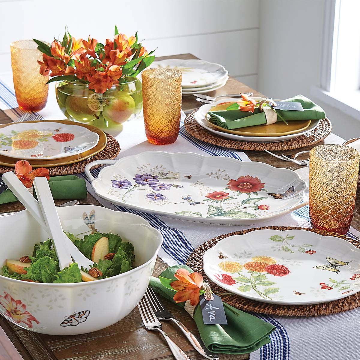 Floral Salad Bowl with Wood Servers - Image 5