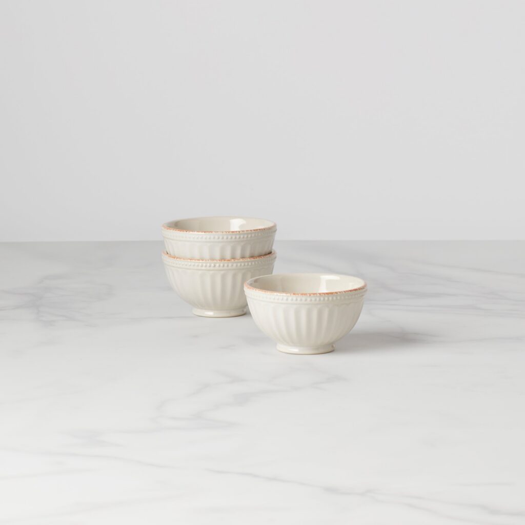Grooved White Stoneware Mini Bowl Set, 3-Piece
