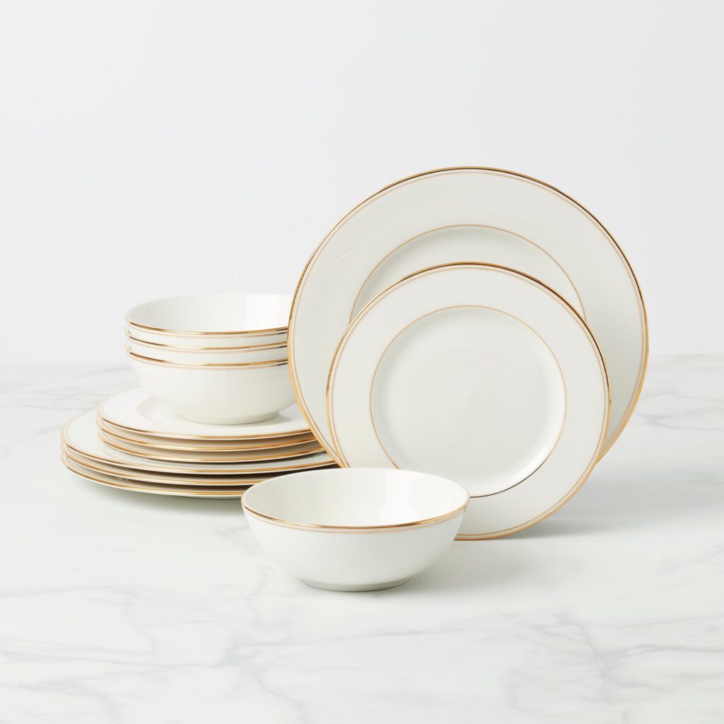 White Porcelain Double Gold Band Dinnerware Set, 12-Piece