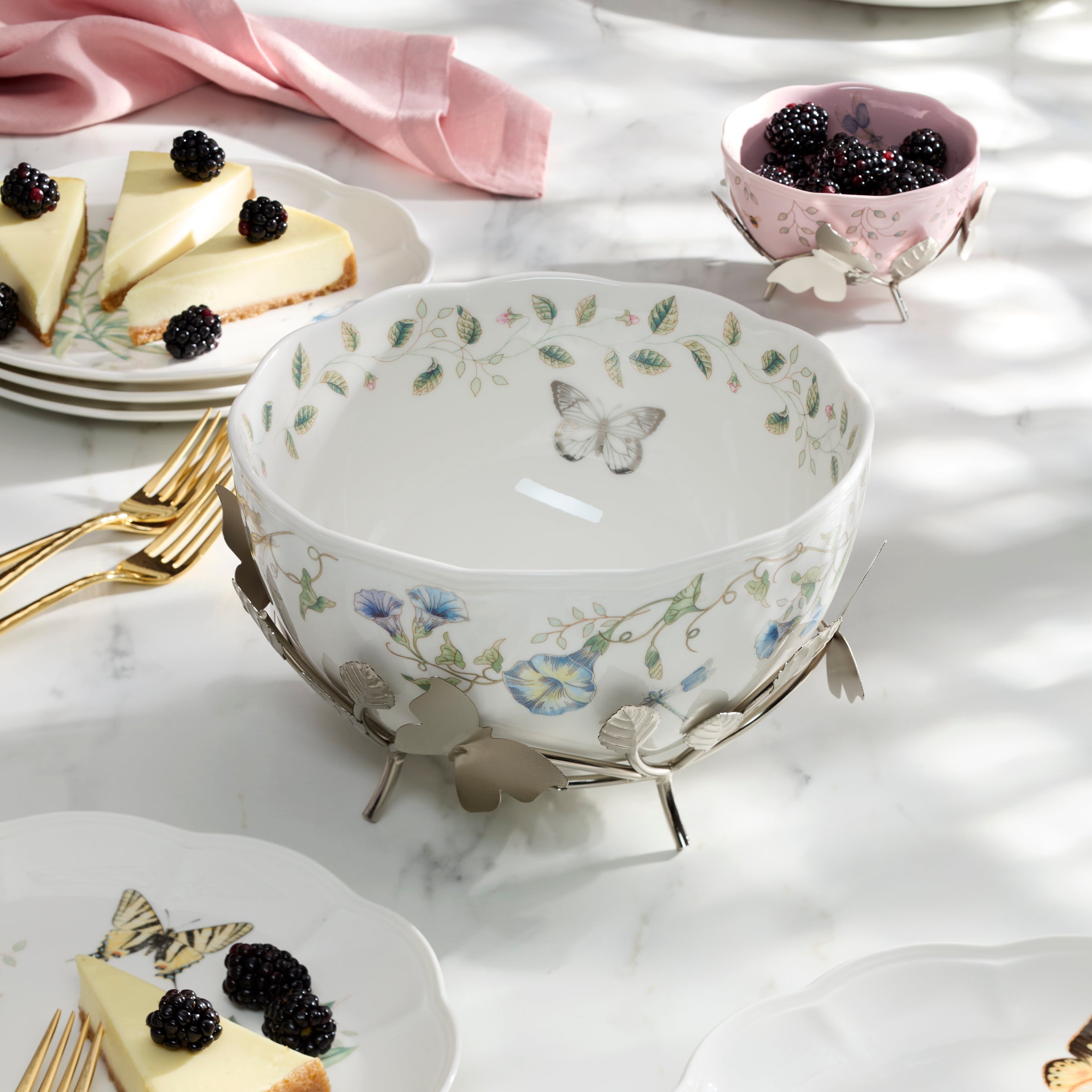 Decorative Floral Bowl with Metal Stand - Image 3