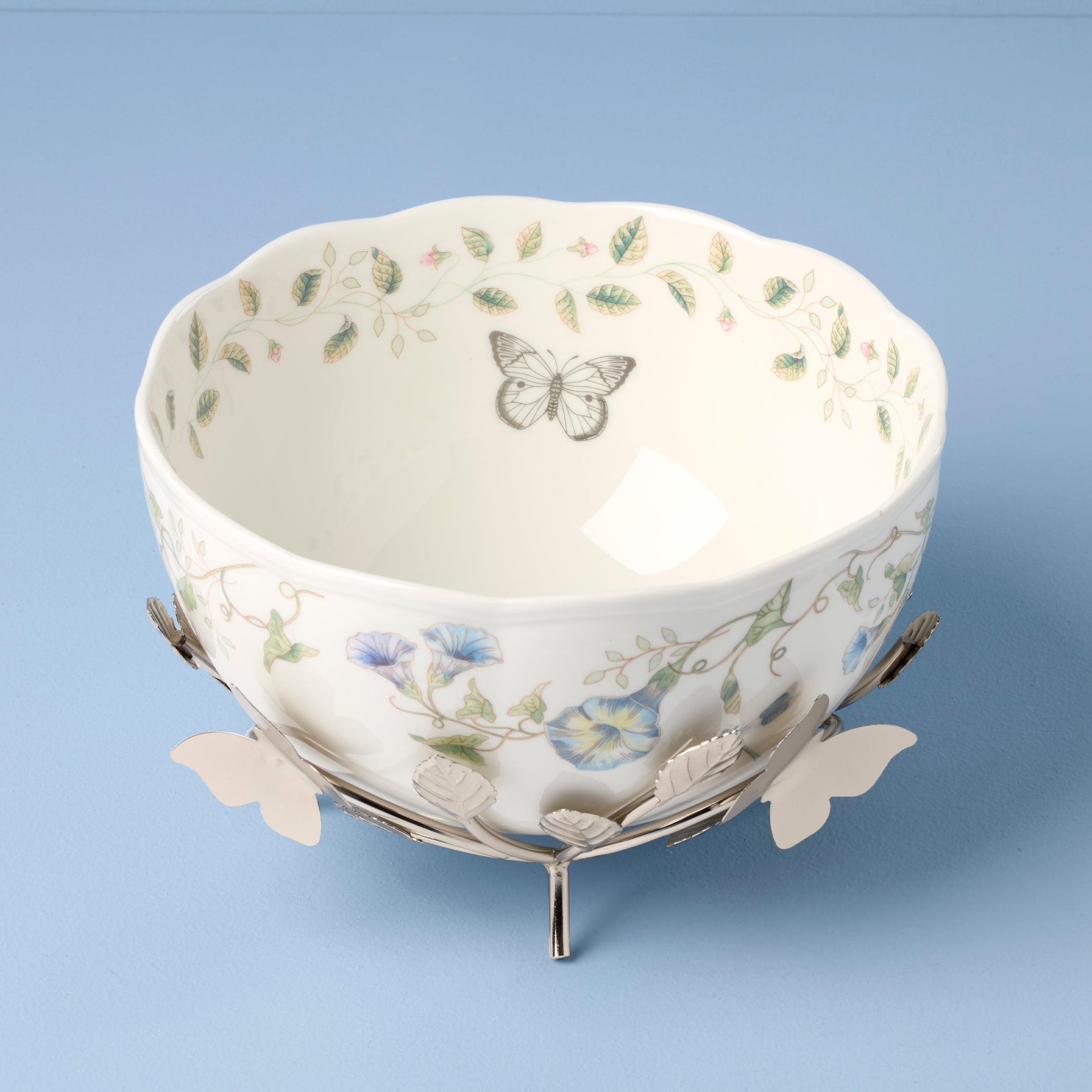 Decorative Floral Bowl with Metal Stand - Image 2