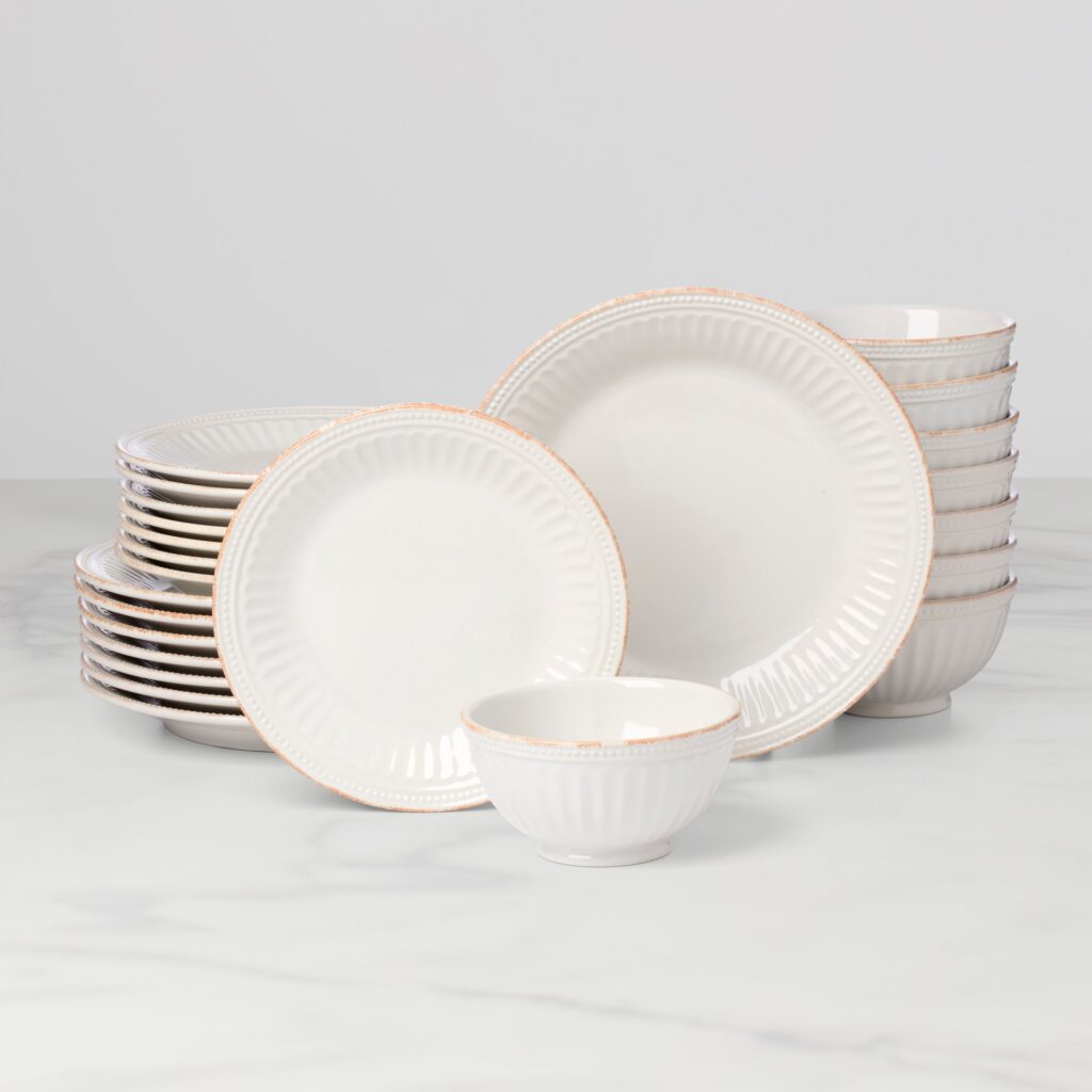 White Beaded Groove Stoneware Dinnerware Set, 24-Piece