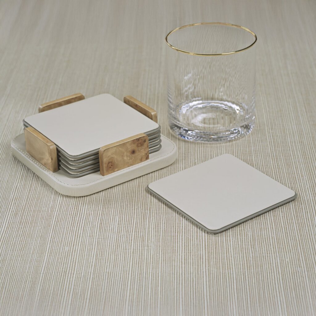 Ivory Leather and Burl Veneer Coasters - Set of 6